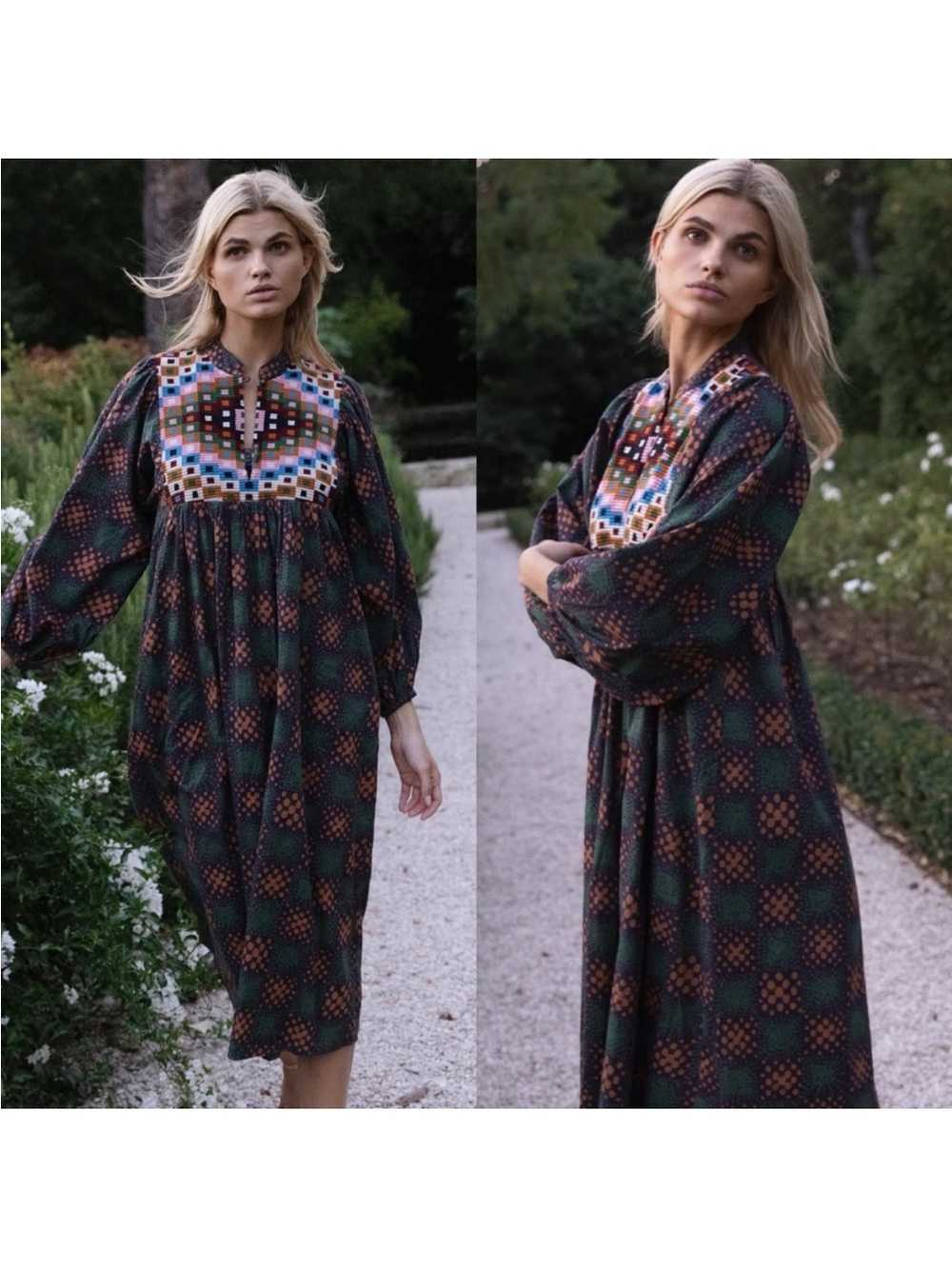 Oliphant Embroidered Yoke Midi Dress in Dark Green and Brown